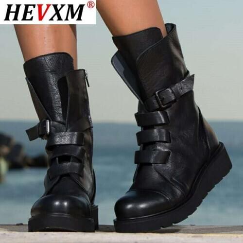 2020 Womens Leather Boots Winter Warm Shoes Women Motorcycle Snow Boots Handmade Shoe Zipper Round Toe Wedges Womens Shoes