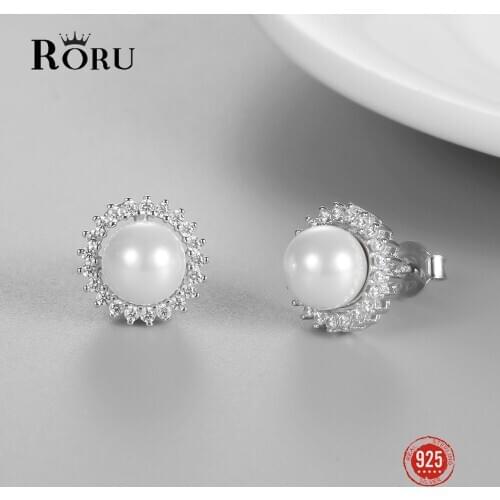 925 Sterling Silver Stud Earrings Natural White Pearl Round Zircon Ear Jewelry Shiny Luxury Earrings for Women