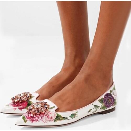 New Crystal Flower Slip On Flats Pointed Toe Rhinestone Casual Shoes Rose Floral Printed Leather Loafers Women Sapatos Muler