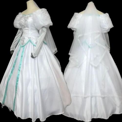 Mermaid Princess Ariel Cosplay Costume Adult Women White Wedding Dress With Veil Halloween Party Beautiful Ball Gown