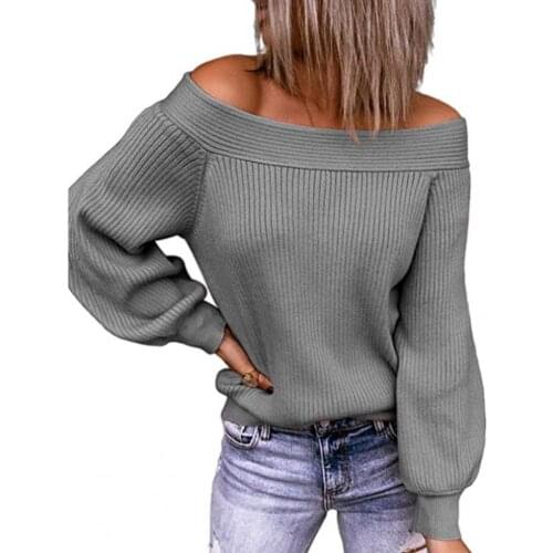 Women Sweater Off Shoulder Lantern Sleeve Autumn Winter Slash Neck Strapless Patchwork Top Streetwear Plus Size 3XL