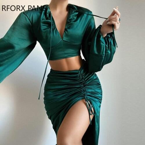 Women Soild Drawstring Puff Sleeves Ruched High silt Sexy Green Dress Sets