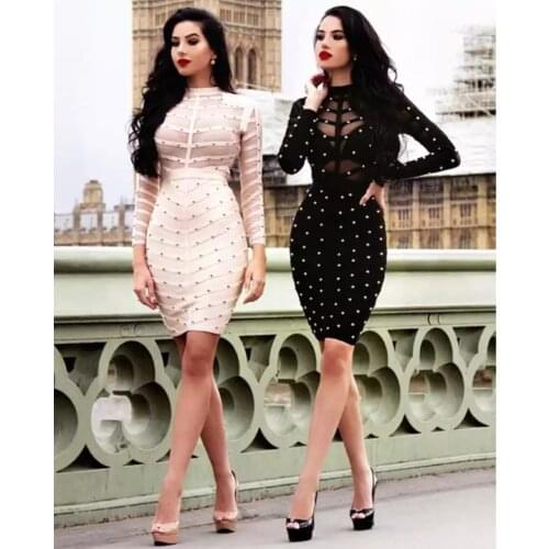 2021 Top Quality Women Black Dress Bandage Sexy Mesh Hollow Out Midi Beading Bodycon Elegant Celebrity Club Autumn Party Night