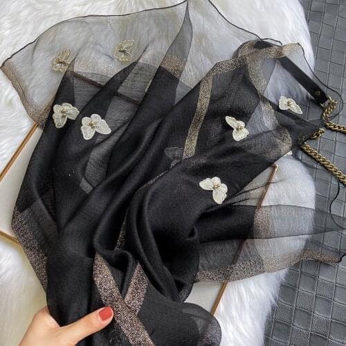 2020 Real Winter Hijab Winter New Silk Wool Scarves Women Fashion Embroidery Butterfly Beads Warm Long Shawl Solid Color Scarf