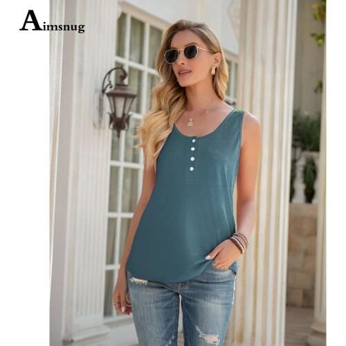 Aimsnug Sexy Tops Women 2021 Summer Casual Loose T-shirt Sleeveless Tees Patchwork Buttons Ladies Vest Clothing mujer Femme