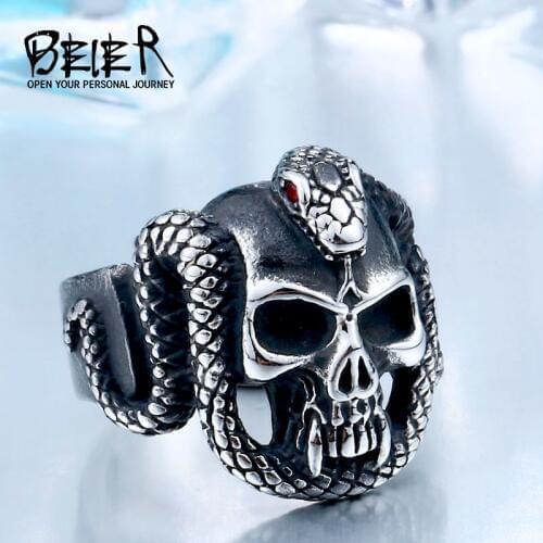 BEIER retro style stainless steel Vintage snake man ring devil skull biker exquisite jewelry BR8-440