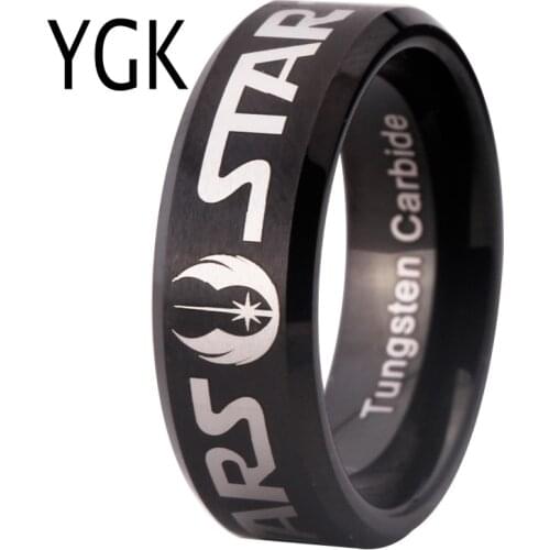 Free Shipping YGK JEWELRY Hot Sales 8MM Satin Black Beveled Star Wars Design Mens Comfort Tungsten Wedding Ring