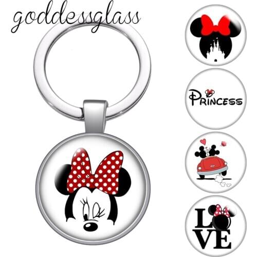 Disney Love Minnie mouse couple Princess Cute glass cabochon keychain Bag Car key chain Ring Holder Charms keychains gift