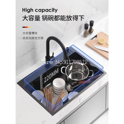 Black Nano Sink Single-slot Kitchen Hand-made Kitchen Sink Household Thickened 304 Stainless Steel Sink Basin Large