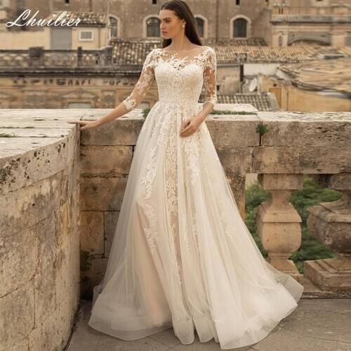Lhuilier Elegant A-line Tulle Wedding Dresses 2020 Half Sleeves Floor Length Sweep Train Lace Appliques Bridal Dress