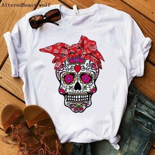 Summer Fashion Women Tshirt Suger Skull Red Bandana Mom T-shirt Casual Harajuku Mama Female Clothes O-neck Punk T Shirt Femme