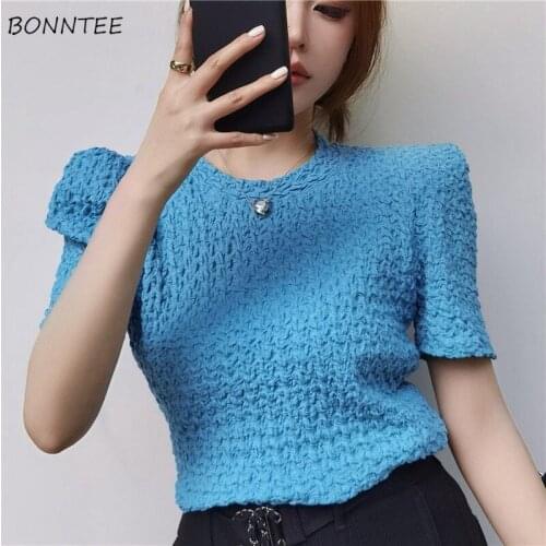 T-shirts Women Simple Solid Fashion New Summer Comfortable Korean Style Temperament Vintage All-match O-neck Slim Female Tops