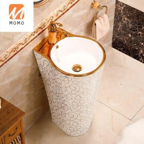 China Luxury Bathroom Sink Golden Full Set One Piece Pedestal Basin Stand Wash Basin