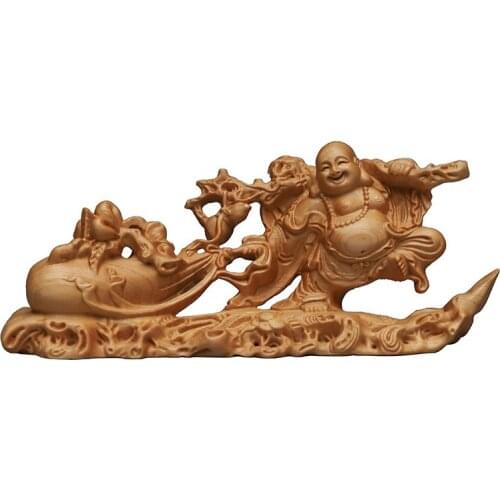 Cliff Cypress Woodcarving Pull Cloth Bag Maitreya Buddha Gold Jade Full Hall Decoration Buddhist Monk Statue Home Feng shui