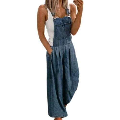 Plus Size Women Romper Solid Color Denim Female Jumpsuit Loose Trousers Thin Sleeveless Square Neck Bib Overalls Streetwear