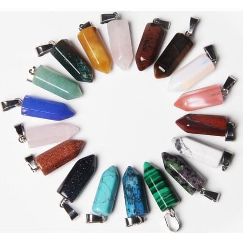 Fashion Hot Sale Assorted Natural Stone Pendant Point Charms Bullet Hexagonal Pendulum Reiki Chakra pendulo Free shipping 28*8MM
