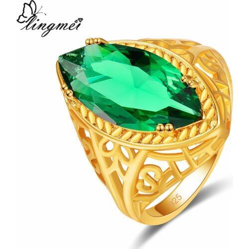 Lingmei Fashion Engagement Marquise Cut Solitaire Style Green Blue Cubic Zircon Silver Color & Yellow Gold Color Ring Size 6-9
