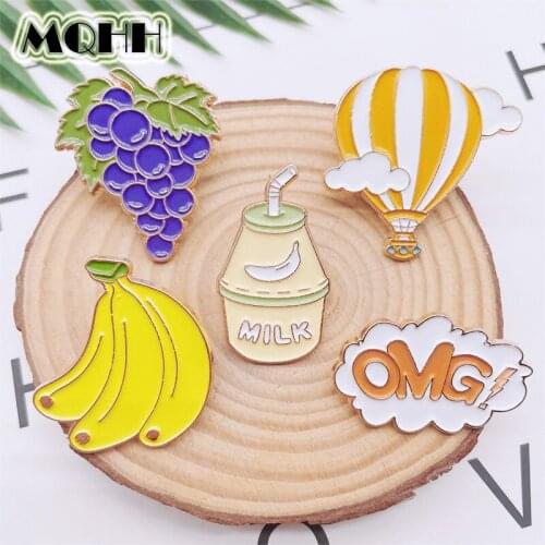 Cartoon Fun Fruit Grapes Banana Milk Enamel Pins Hot Air Balloon OMG Alloy Brooch Sweet Badge Accessories Fashion Woman Jewelry