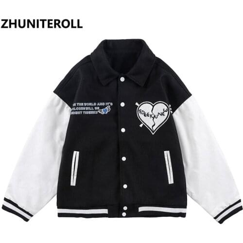 2021 Harajuku Patchwork Jacket Men Broken Heart Letter Bomber Jackets Fashion Baseball Coats Streetwear Windbreaker College Tops