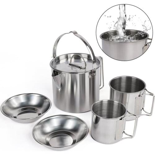 5PCS Stainless Steel Hanging Pot Set with Bowl Cup Folding Cookware Kettle Pan and Bowl for 2-3 People Camping Travel