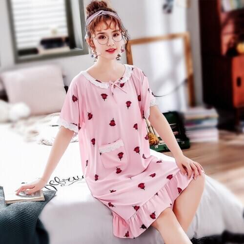 Nightgowns Short Sleeve Summer Sleepwear Sweet Lace GIrls Nightwear Women Nightshirts For Women Nightgown Oversized