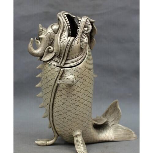 Wholesale factory 8" Folk Chinese Silver Buddhism Dragon Fish Head Statue Incense Burner Censer