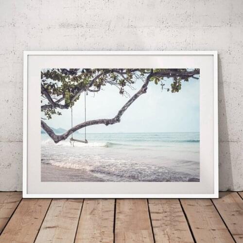 Beach Swing Black White Photography Coastal Beach Sea Side Poster Landscape Prints Canvas Painting Wall Art Aesthetic Room Decor