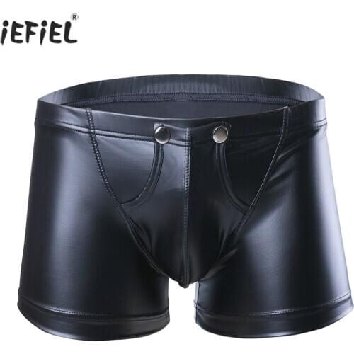 Faux Leather Men Boxer Shorts Open Bulge Pouch Jockstraps Sexy Gay Panties Open Front Press Button Men Underwear with Hole