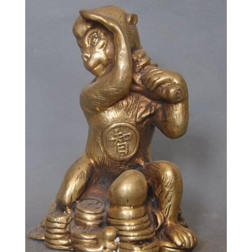 Marked Chinese bronze Gilt Zodiac animal wealth Yuanbao coin monkey Peach statue