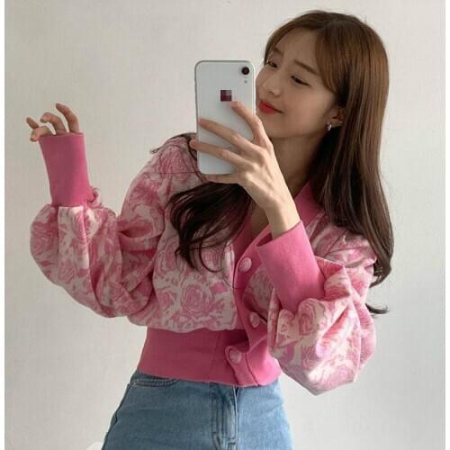 2020 New Flower Print Lantern Sleeve Knitted Sweater Chic Vintage Cardigans Panelled V-neck Single Breasted Slim Waist Coat