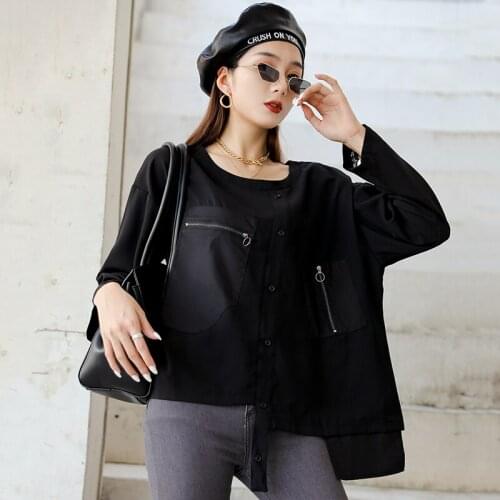 Women Black Punk Irregular Loose T Shirt 2021 Hipster Summer Lady Zippers Pockets O Neck Single Breasted Long Sleeve Gothic Top