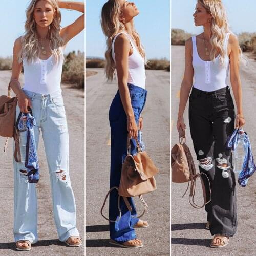 Womens Loose Fit Mom Jeans 2021 Ripped Wide Leg Femme High Waist Blue Wash Casual Cotton Denim Trousers Summer Baggy Jean Pants