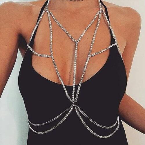 Luxury Rhinestone Harness Bra Cross Body Chain for Women Bohemian Sexy Beach Tassel Chest Neck Belly Waist Chains Body Jewelry