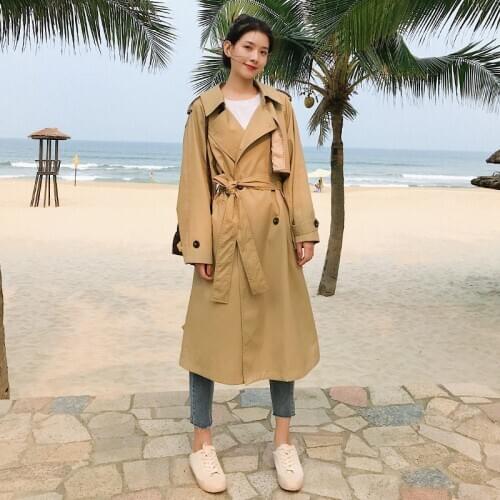 Plaid Trench Coat Womens 2020 Spring Leisure Korean Lapel Long-sleeve Loose Long Plaid Windbreaker Outwear Women Fashion Z1004