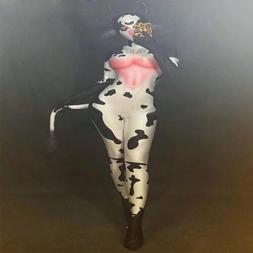 Fashion Cow Pattern White Jumpsuit Women Dancer Bar Show Animal Outfit Cosplay Leggings Wear Prom Celebrate Dress