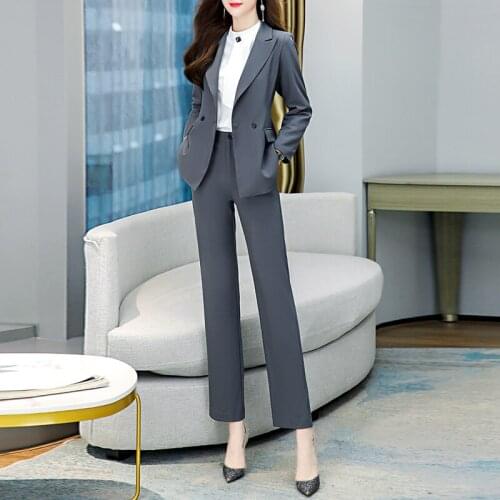 Women Dark Grey Blazer And Straight Pants Sets Two Pieces OL Office Lady Jacket Formal Suit Wide Leg Trousers Spring Autumn