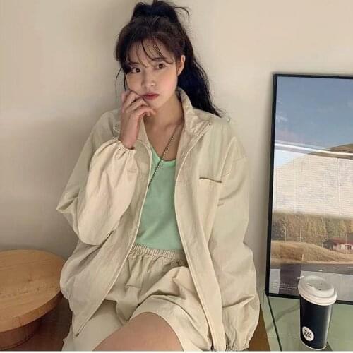 2021 Women Summer Casual Sunproof Tracksuits Sport Two Piece Set Stand Collar Zipper Jacket +elastic High Waist Shorts