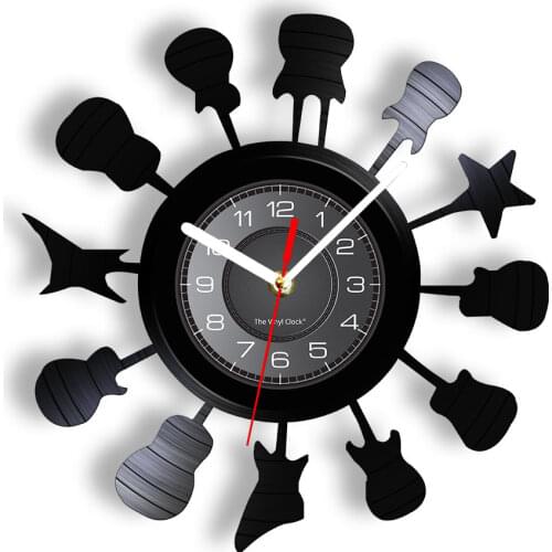 Acoustic Guitar Silhouette in a Circle Music Room Wall Art Wall Clock Circle of Guitars Vinyl Record Wall Clock Rock N Roll Gift