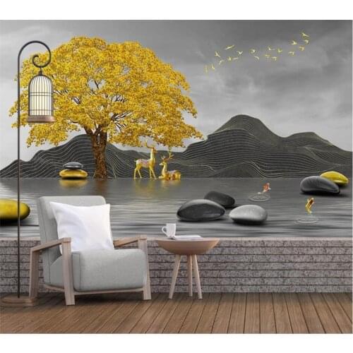 Beibehang Custom wallpaper 3d new Chinese gold tree line artistic concept landscape stone to run the tv background wall paper