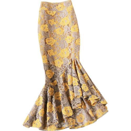 Free Shipping 2019 Fashion Long Mid-calf Skirt Lace Women Plus Size S-4XL Mermaid Style Stretch Ladies High Waist Flower Skirt