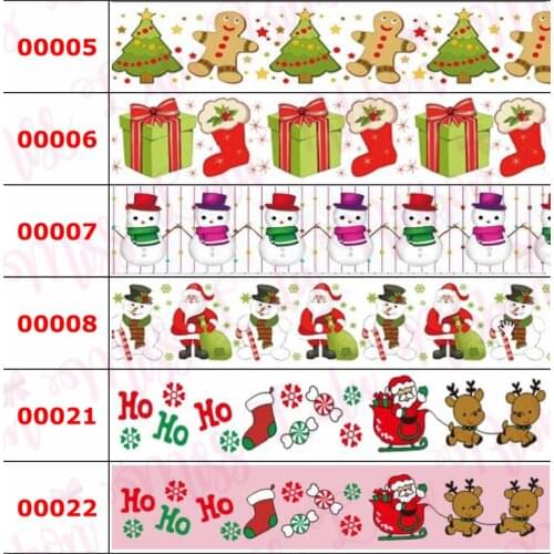 16mm-75mm Merry Christmas Series Tree Cookies Gift Stockings Penguin Printed Grosgrain/Foe Ribbon DIY Hair Bowknots 50yards/roll