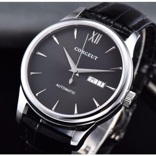Corgeut Watch Men Fashion Mechanical Top Brand Luxury Male Clock Leather Calendar Week Automatic Mens Watch Relogio Masculino
