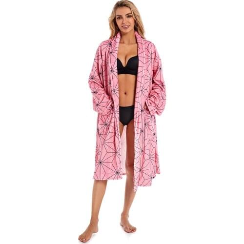 Demon Slayer Kamado Nezuko Cosplay Bathrobe Coral Fleece Bath Robe Dressing Gown Cloak