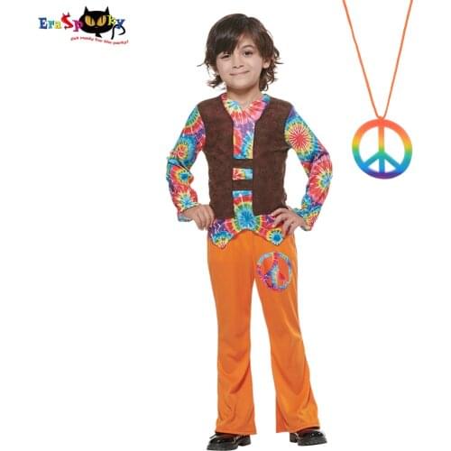 Eraspooky Hippie Boy Costume Shirt Pants Necklace Suit Child Peace And Love Cosplay Halloween Costume For Kids