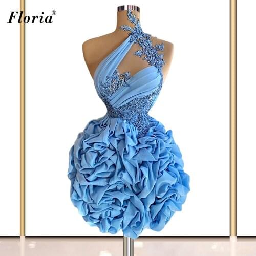 Elegant Short Blue Prom Dresses High Neck Sleeveless Cocktail Dresses Lace Pageant Gowns For Women Photo Shoot Gowns Robe Femme
