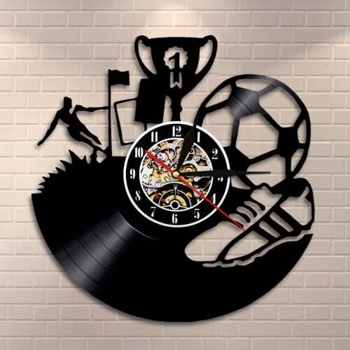 Soccer Team Champions Sports Fan Gift Vinyl Record Wall Art Soccer Shoes Wall Decor Football Trophy Wall Vinyl Record Clock