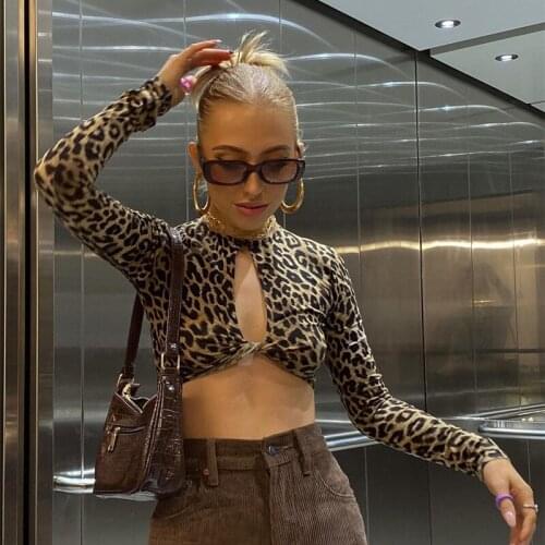 Womens Sexy Crop Top Leopard Print Autumn Long Sleeve T-Shirt Skinny Tees Cropped Trend Harajuku High Collar Pullover Ladies