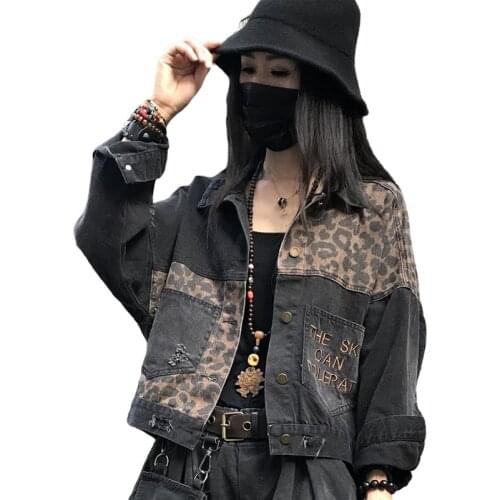 Autumn Vintage Black Leopard Women Denim Jacket Spring Harajuku Punk Jean Jackets Coat Boyfriend Loose Pocket Fashion Streetwear