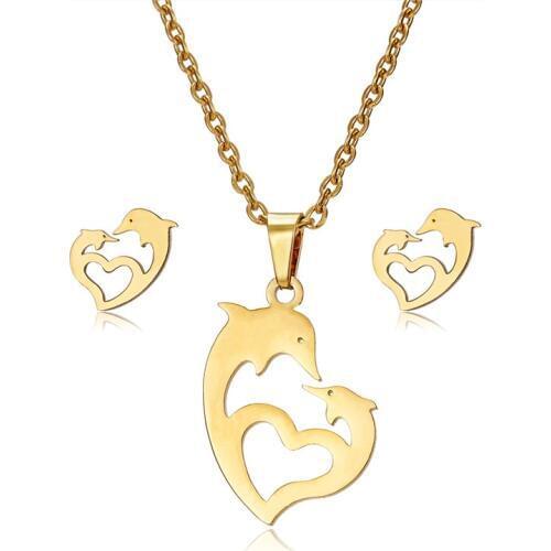 Fashion Animal Heart Dolphin Wedding Jewelry Set Women Gold-Color Jewelry Stainless Steel Necklace Stud Earrings Gifts
