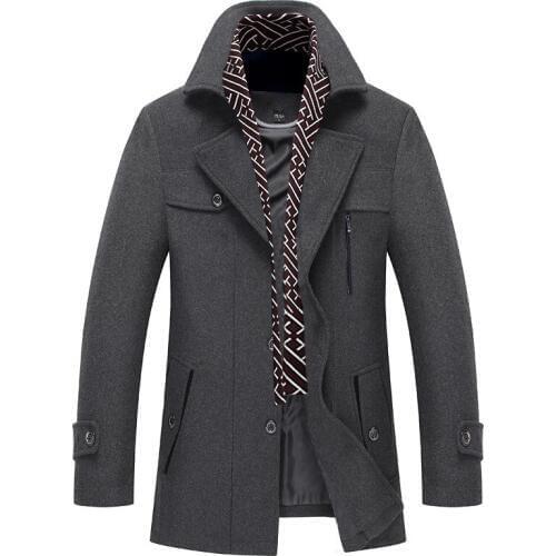 Men Winter Wool Coat Scarf Collar Warm Thick Woolen Overcoat Men Trench Coat Casual Wool Blends Jacket Male